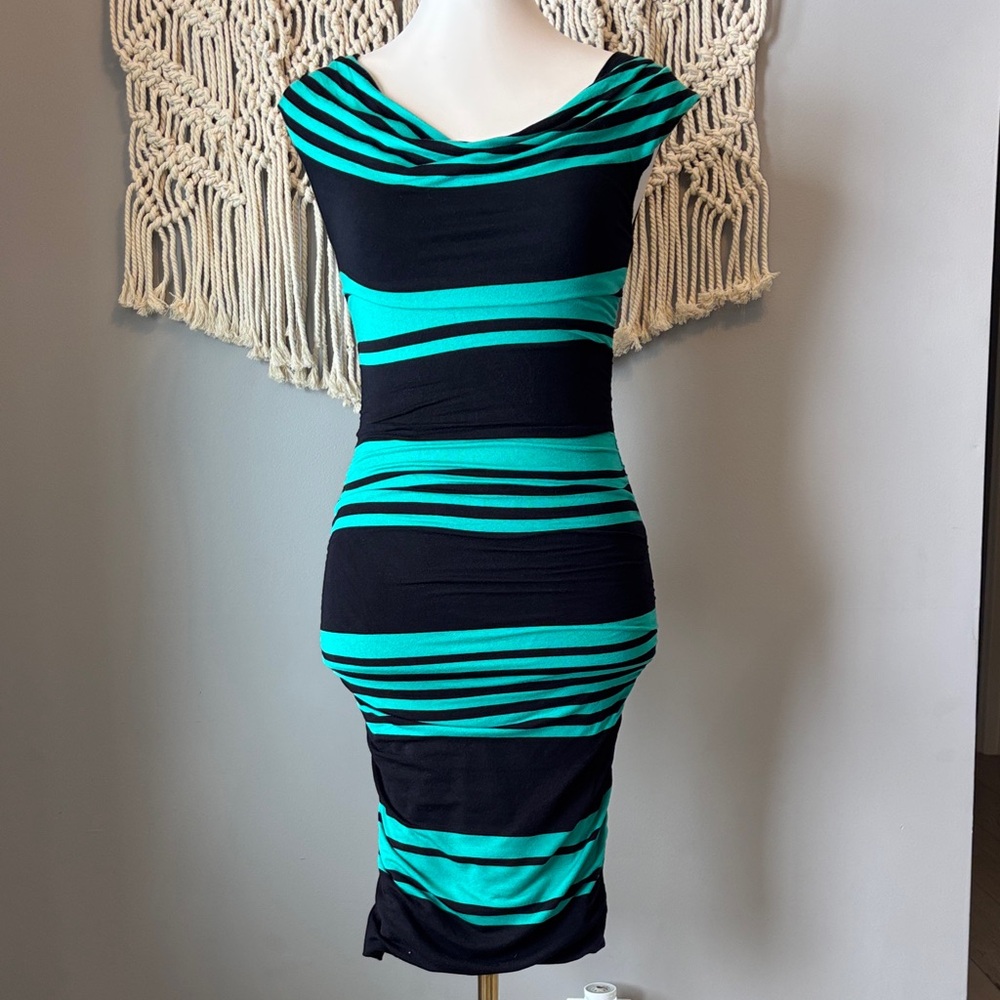 INC International Concepts Black and Teal Striped Bodycon Midi Dress